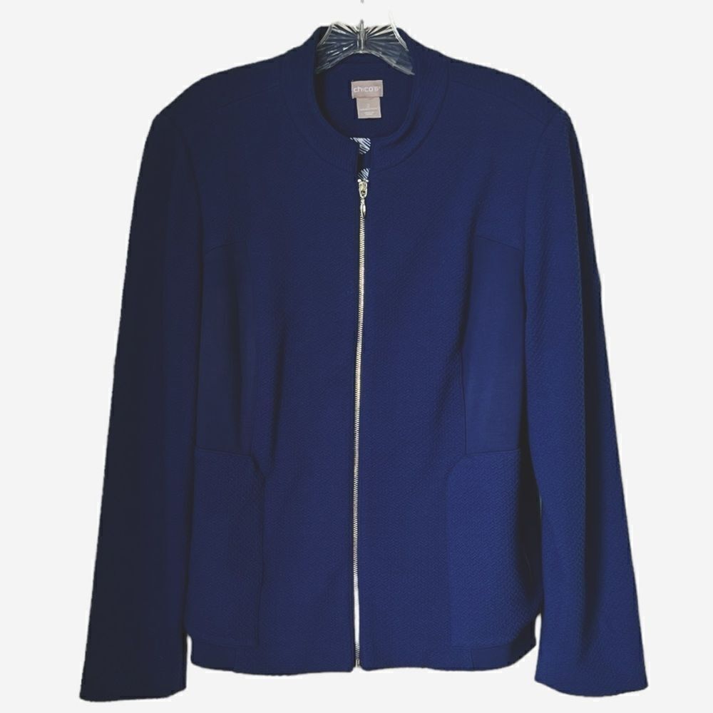 Chico’s Blue Textured Knit Zip Up Lined Jacket Size 2 (women’s 12/14) - Picture 2 of 11